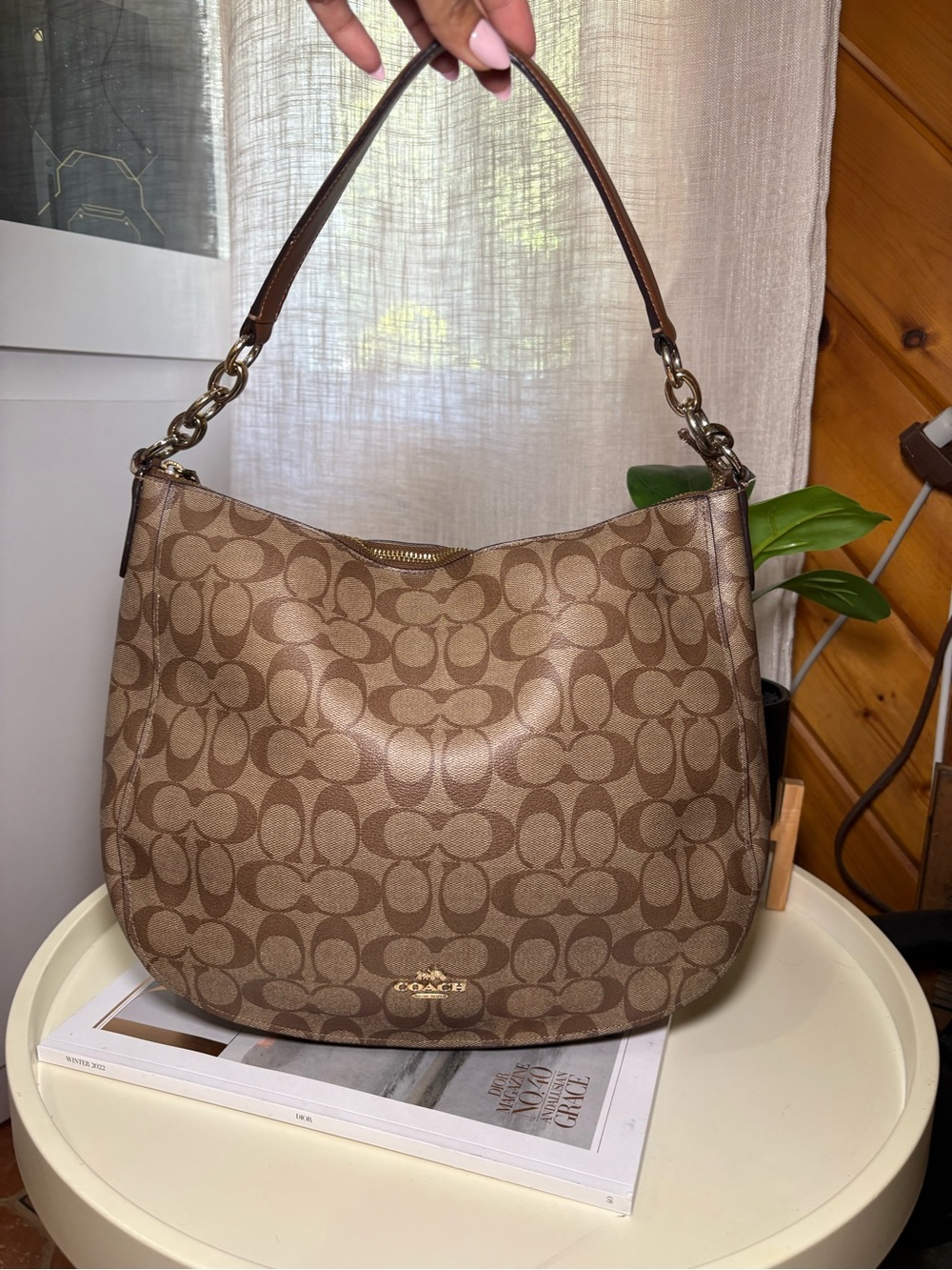 Coach Brown Beige Logo Shoulder Bag Gold Hardware Zip Closure Large